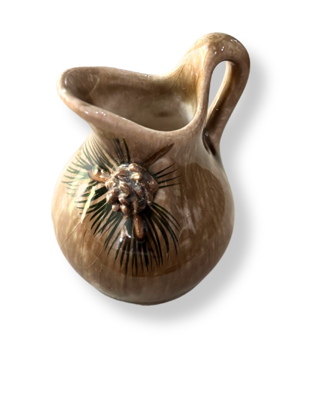 Vintage Trout Haven South Dakota Mini Souvenir Pottery Pitcher Pine Cone 3”